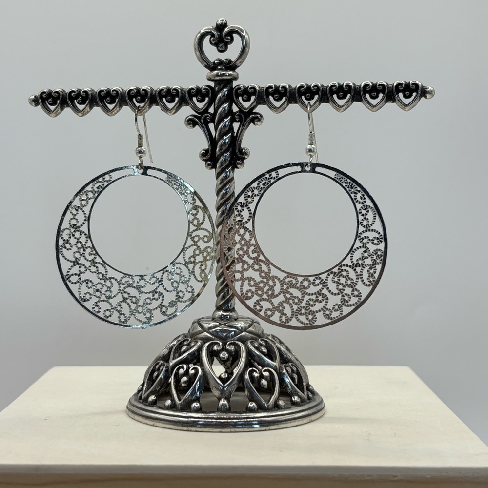 Large Silver Hoop Earrings with Scroll Work Detail